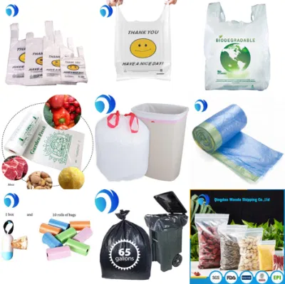 Fabricante Ziplock basura compost Rubbish biodegradable Camiseta de alta densidad de servicio pesado Pla LDPE Dog Poop Diaper Nappy Vest Wstring sin mangas Bolsa de plástico de basura