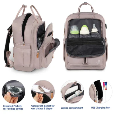 Bolsas de pañales de bebé para mamá y papá de la maternidad de la bolsa de pañales para las niñas, de gran capacidad bolsa impermeable con puerto USB de carga, cambio de focos aislados de Pad Cochecito St