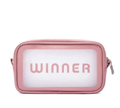Hot vender etiqueta privada de viajes Bolsa de maquillaje transparente de color rosa claro de la bolsa de cosméticos PU