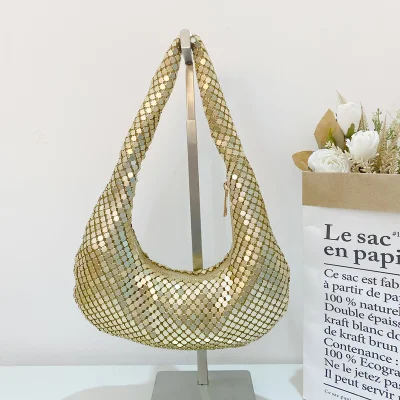 Custom Bolsa de hombro para mujer Metal Mesh Camiseta completa autoselladora para mujer Diseñador de calidad Cosmético brillante embrague underarm parte aleación de aluminio de lujo Bolsa de regalo