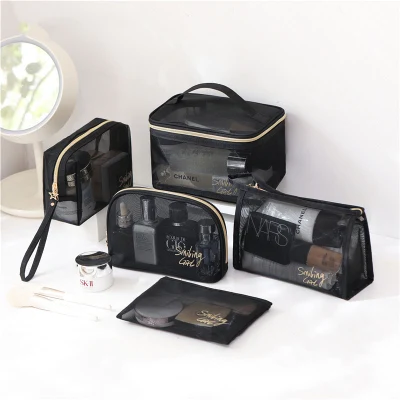  Mayoristas malla Cosmética Bolsa de Zipper a medida Toiletry Kits almacenamiento a granel Bolsa de maquillaje de malla negra