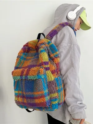 Logotipo personalizado Invierno Fluffy Escuela Intermedia Mochila Casual Girl Shopping Bolsa