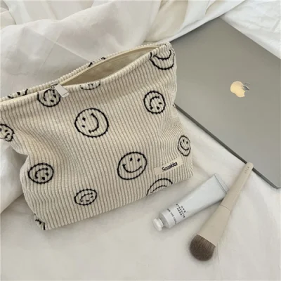 Corduroy Smile Dots Makeup Organizer Storage Cosmetic Bag para mujeres y niñas Bolsa de lápices
