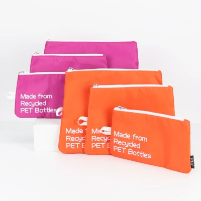 Diseño personalizado Carta Imprimir Zipper plana RPET tejido maquillaje cosmético Bolsa
