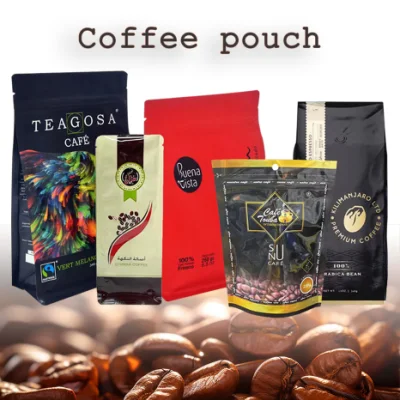 Diseño personalizado plástico Stand up Embalaje de alimentos Zipper de fondo plano Bolsa de polvo de café con brida de válvula