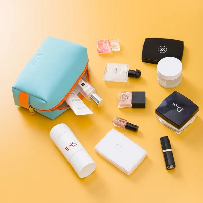  El logotipo impreso personalizado rosa claro pequeño cuero pu cosméticos maquillaje Bolsa de viaje