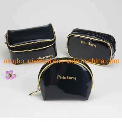  Bolsa de cosméticos y artículos de tocador de lujo al por mayor en PU negro brillante para viajes.