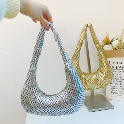 Custom Bolsa de hombro para mujer Metal Mesh Camiseta completa autoselladora para mujer Diseñador de calidad Cosmético brillante embrague underarm parte aleación de aluminio de lujo Bolsa de regalo