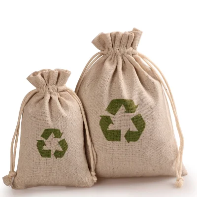  Bolsa de la compra ecológica portátil de alta calidad con estampado personalizado, pequeña bolsa de yute con cordón para joyas, bolsa de café de yute reutilizable y bolsa de polvo de yute.