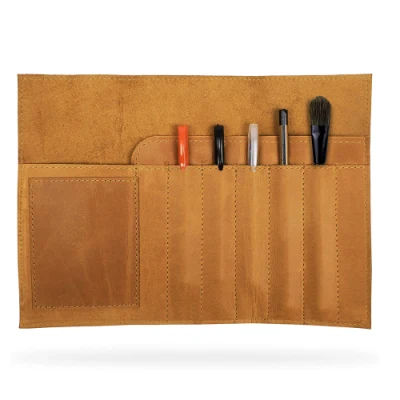 Bolso de belleza personalizado herramienta de maquillaje de cuero bonito Organizador cepillo Khaki Bolsa de rollo