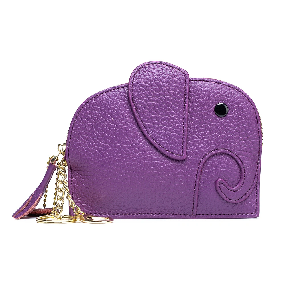 Mini Wallet Cartoon Elephant Card Holder Genuine Leather Coin Pocket Women Purse Bag with Key Ring Organizer