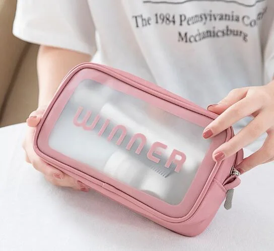 Hot Sell Private Label Pink Transparent Makeup Bag Travel PU Clear Cosmetic Bag