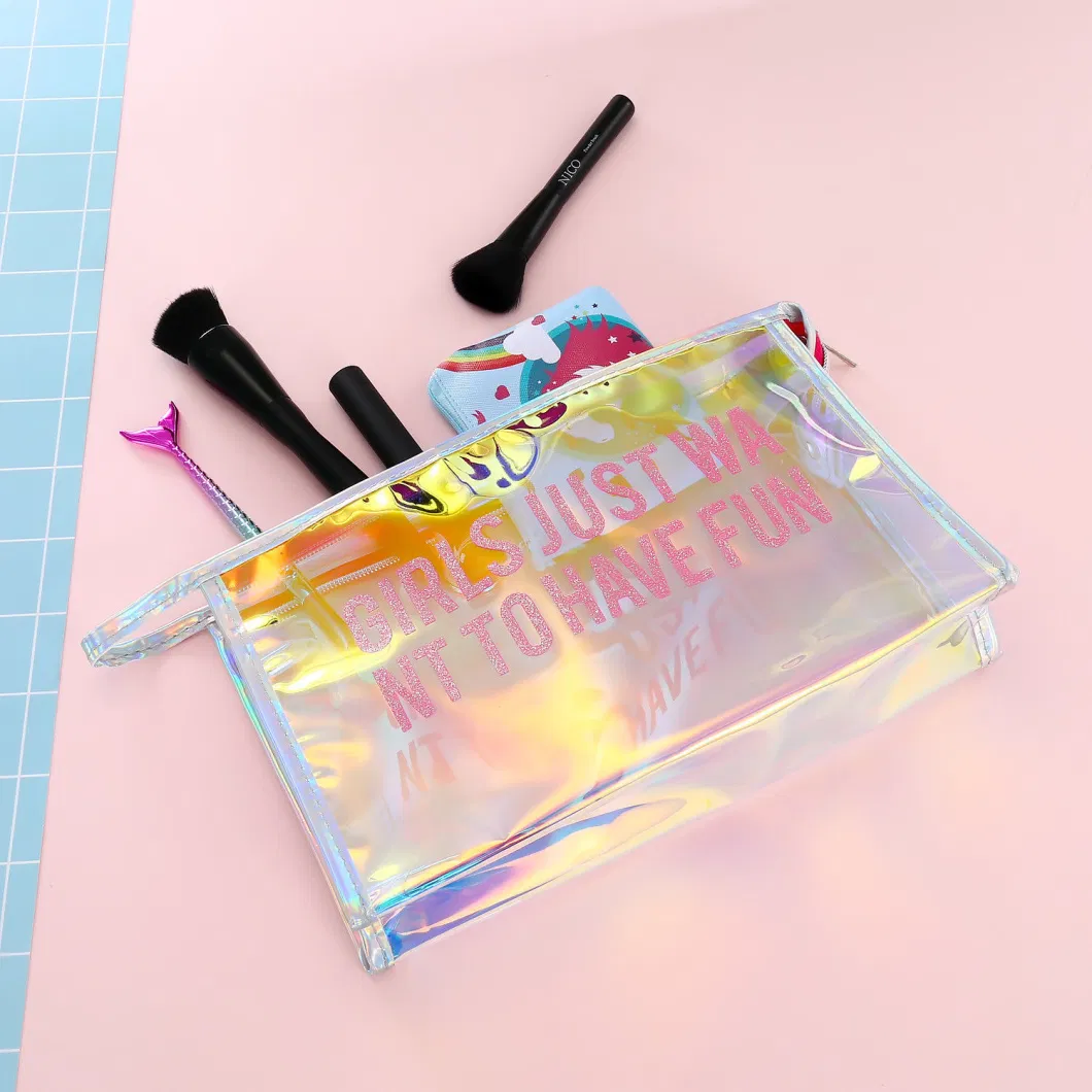 Custom Waterproof Beauty Laser Holographic Shiny Iridescent Vinyl Plastic PVC Pouch Makeup Toiletry Bathroom Washing Packing Zipper Closure Travel Cosmetic Bag