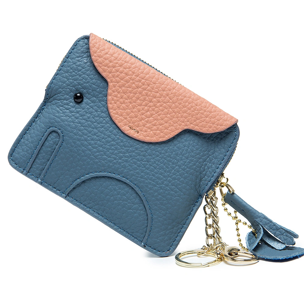 Mini Wallet Cartoon Elephant Card Holder Genuine Leather Coin Pocket Women Purse Bag with Key Ring Organizer