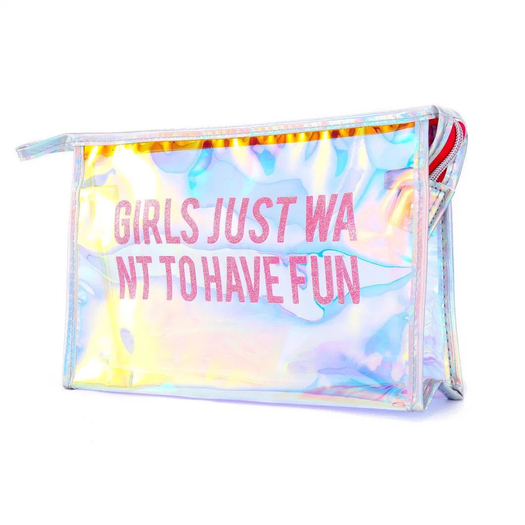 Custom Waterproof Beauty Laser Holographic Shiny Iridescent Vinyl Plastic PVC Pouch Makeup Toiletry Bathroom Washing Packing Zipper Closure Travel Cosmetic Bag