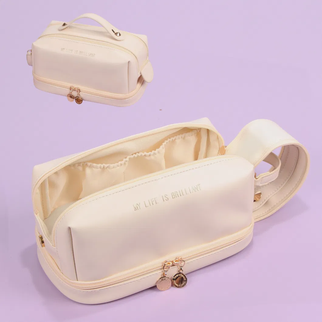 (WD12998) Hot Double Zipper Leather Pillow Toiletry Bag New Portable Organ Bag Makeup Bag Toiletry Bag