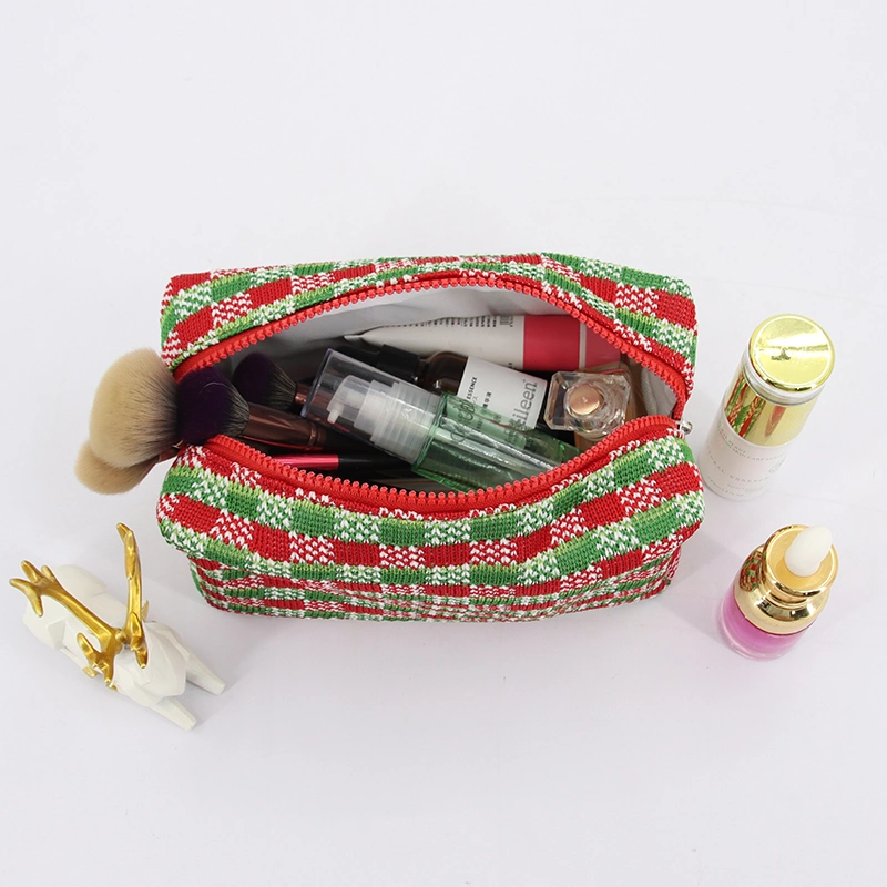 Cute Makeup Brushes Storage Bag Knitted Makeup Bag Pouch Checkered Cosmetic Bag