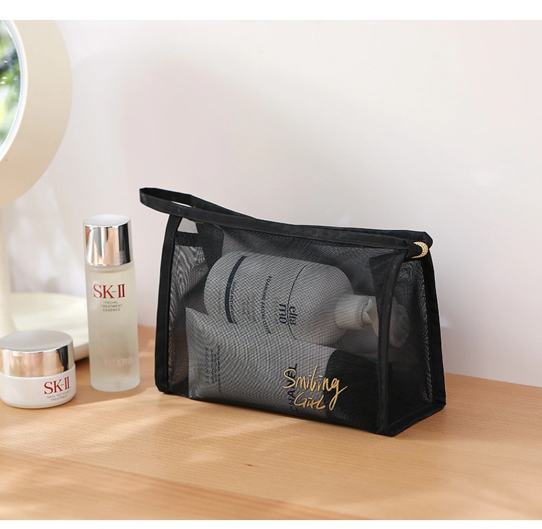 Wholesale Mesh Cosmetic Bag Custom Zipper Toiletry Kits Bulk Storage Pouch Black Mesh Makeup Bag