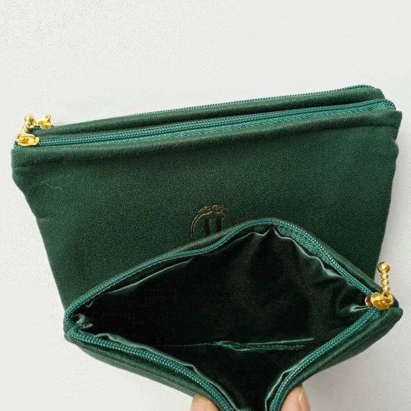 Suede Velvet Custom Embroidery Logo Pouch Luxury Beauty Makeup Zipper Closure Travel Professional Cosmetic Green Bag