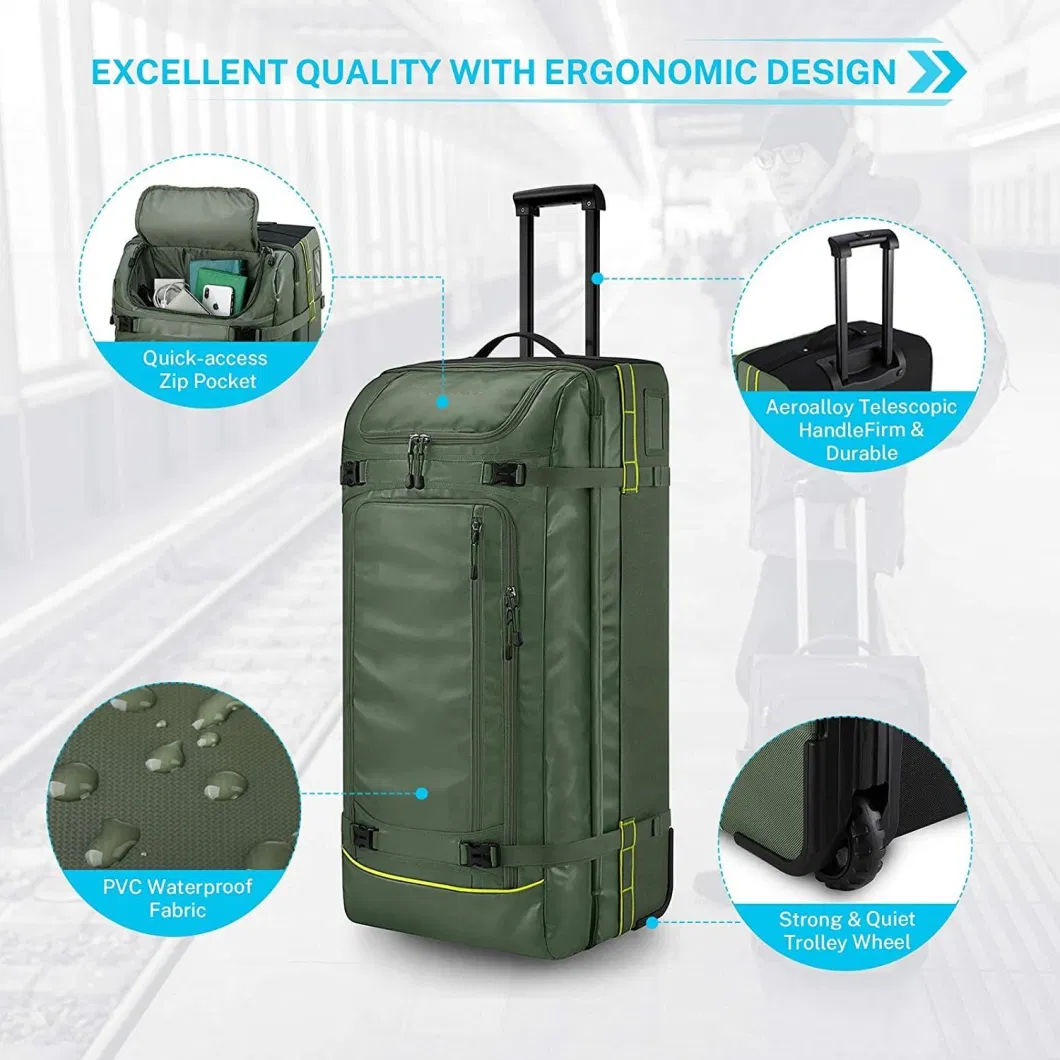 Custom Trolley Rolling Duffle Bag with Wheels, 100L Water Repellent Large Wheeled Travel Duffel Luggage, Green for Sports Outdoor Gym Backpack Women Men