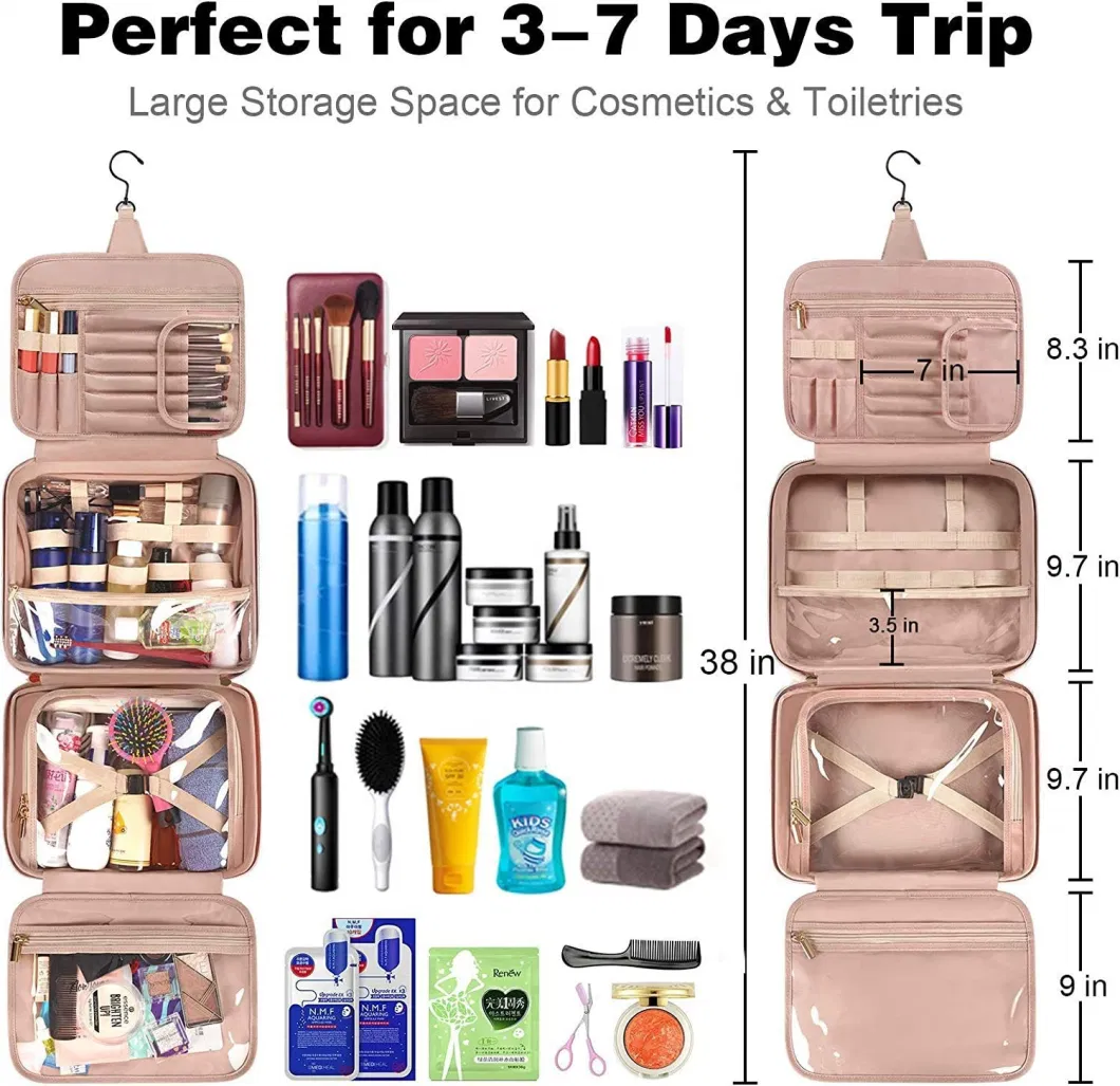 Portable Water-Resistant Hanging Travel Toiletry Bag for Women Large Capacity PU Leather Cosmetic Bags Custom Makeup Wash Bag