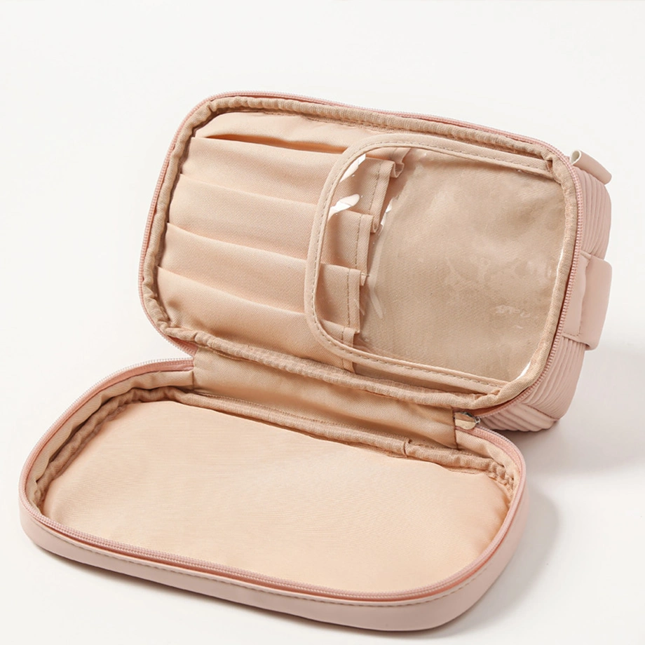 Portable Double Layer Makeup Bag Travel Eyebrow Pencil Brush PU Leather Luxury Cosmetic Bag