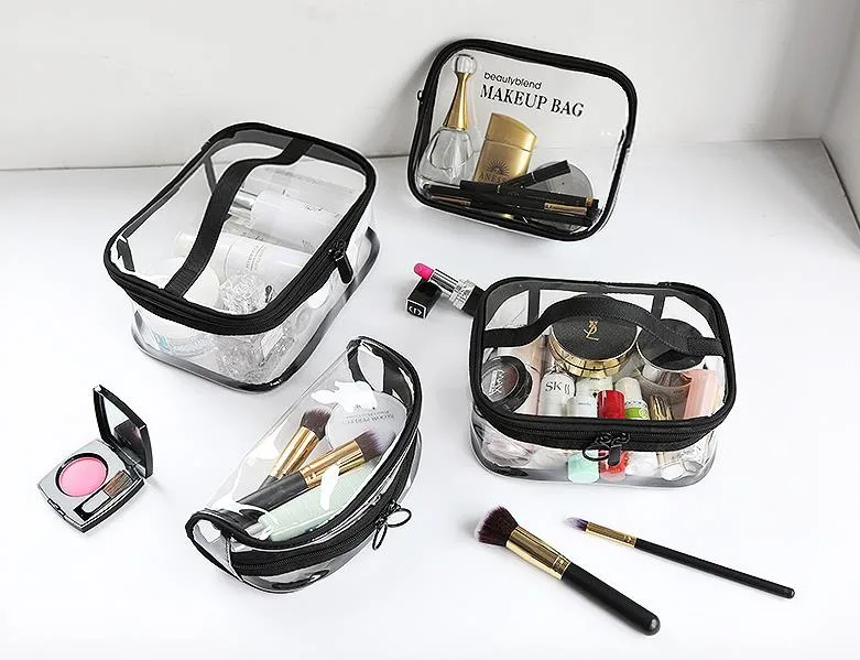 Wholesale OEM Cheap Portable Clear PVC Makeup Bag Zipper Waterproof Transparent Plastic Packaging Box Travel Storage Pouch Cosmetic Toiletry Bag with Handle