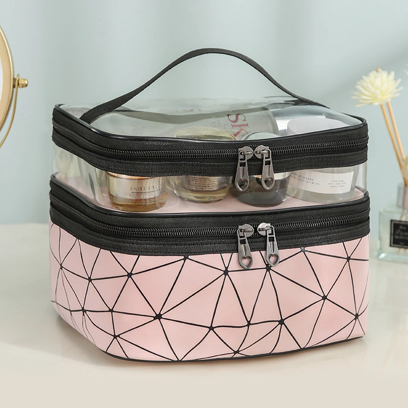 Custom PU Transparent Makeup Bag Zipper Storage Bag Large Double Layer Cosmetic Multi-Functional Toiletry Waterproof Bag