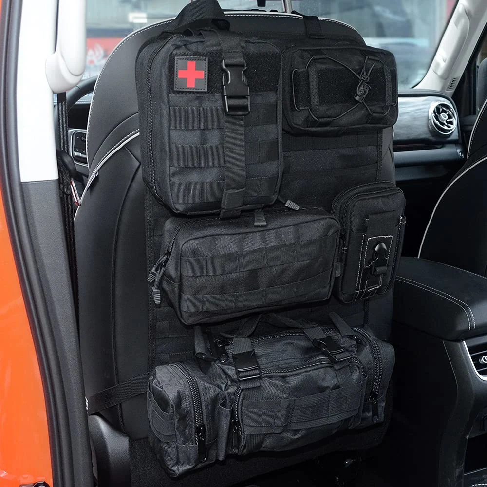 Universal Tactical Vehicle Car Auto Seat Back Molle Organizer W/ 5 Detachable Medical/Phone Pouch 3 Different Size Admin Pouch Vehicle Panel Storage Bag