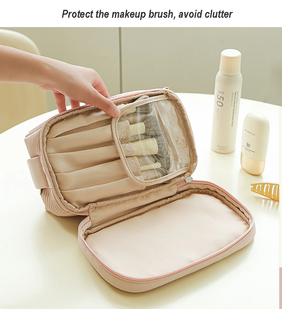 Portable Double Layer Makeup Bag Travel Eyebrow Pencil Brush PU Leather Luxury Cosmetic Bag