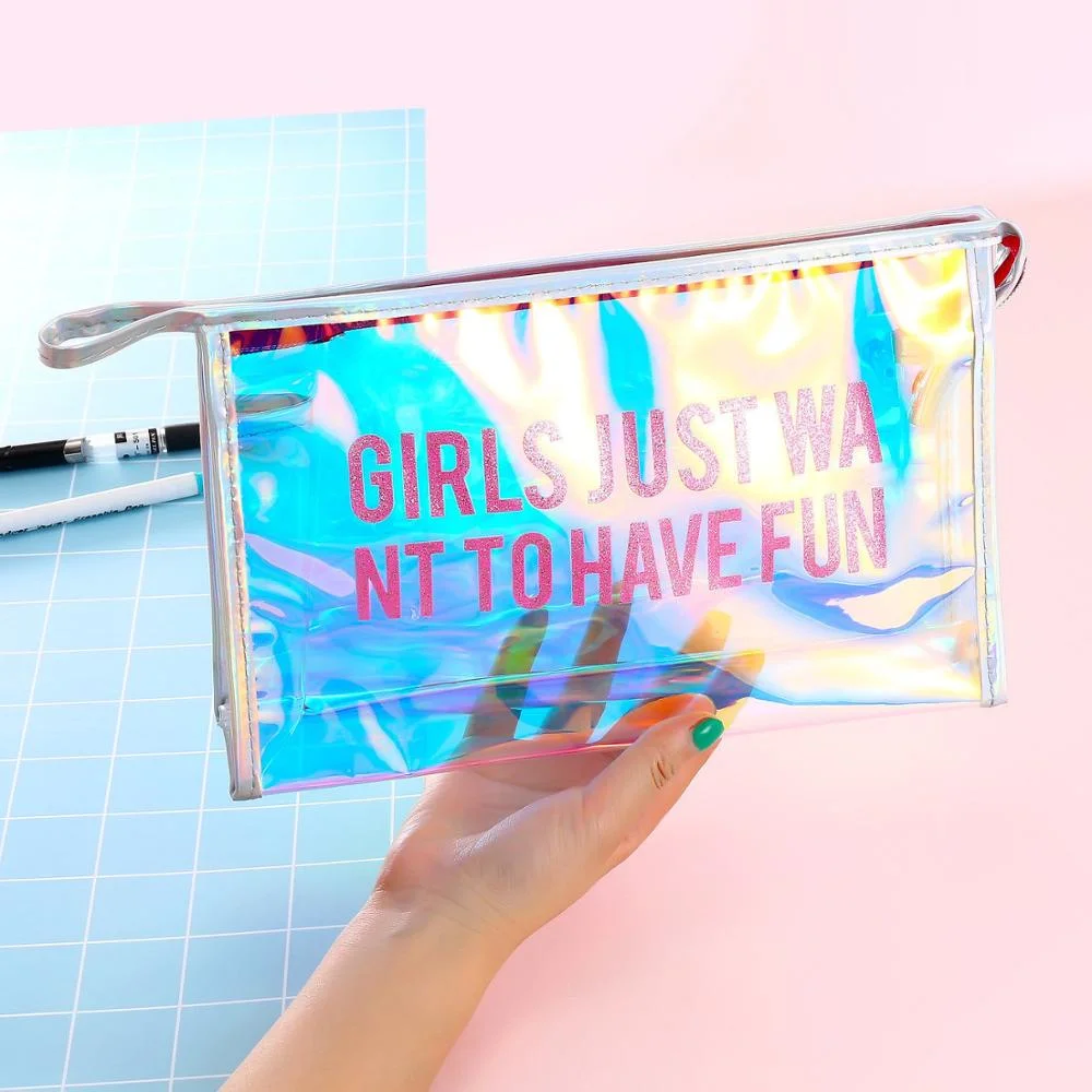Custom Waterproof Beauty Laser Holographic Shiny Iridescent Vinyl Plastic PVC Pouch Makeup Toiletry Bathroom Washing Packing Zipper Closure Travel Cosmetic Bag