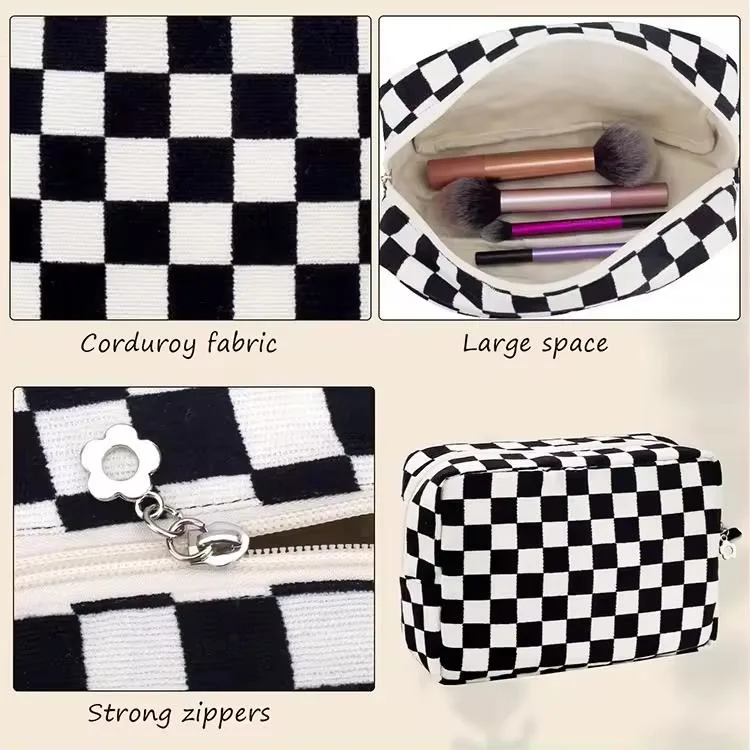 Cosmetic Bags for Women Travel Pouch Bags Large Black Checkered Makeup Bag