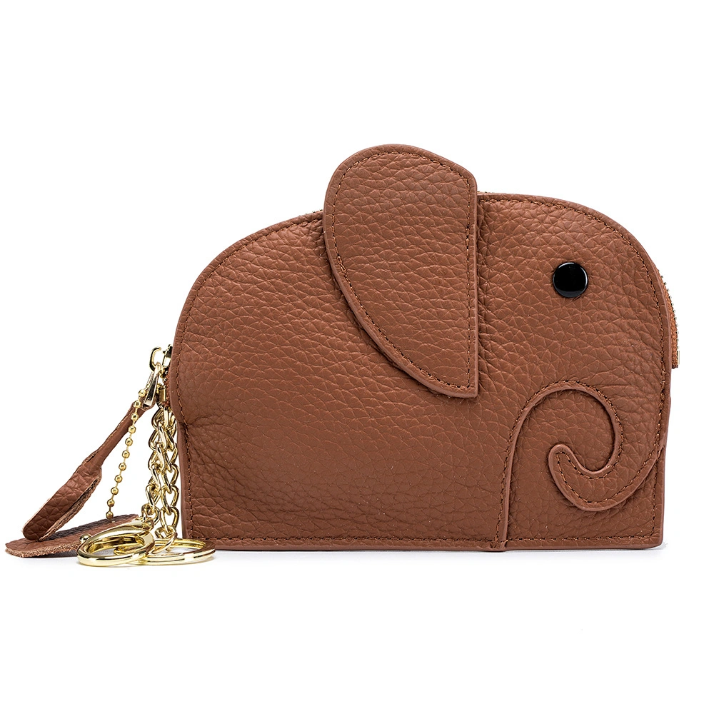 Mini Wallet Cartoon Elephant Card Holder Genuine Leather Coin Pocket Women Purse Bag with Key Ring Organizer