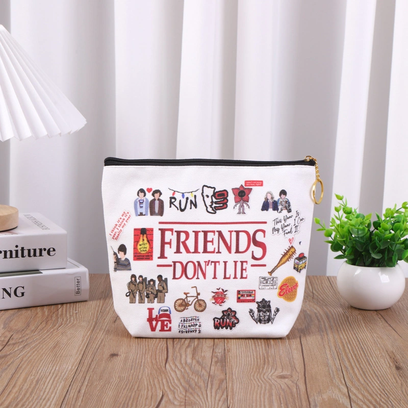 Custom Logo Organic White Cartoon Canvas 100% Cotton Makeup Cosmetic Toiletry Brush Skincare Product Packing Storage Convenience Purses Pouch Travel Zipper Bag