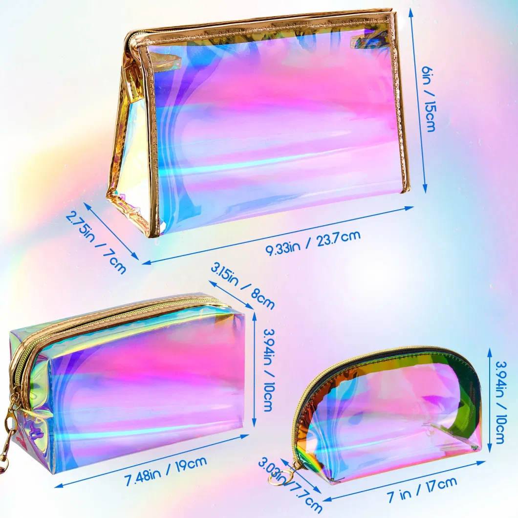 3 Pieces Holographic Makeup Bag Cosmetic Travel Bag Portable Waterproof Toiletries Bag Iridescent Cosmetic Pouch Makeup Organizer for Women Girls