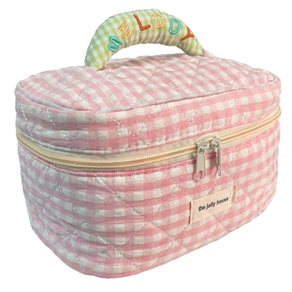 Custom Nylon Cotton Puff-Style Vanity Case with Grid Pink Design Cushioned Beauty Organizer Bag for Cosmetic Storage