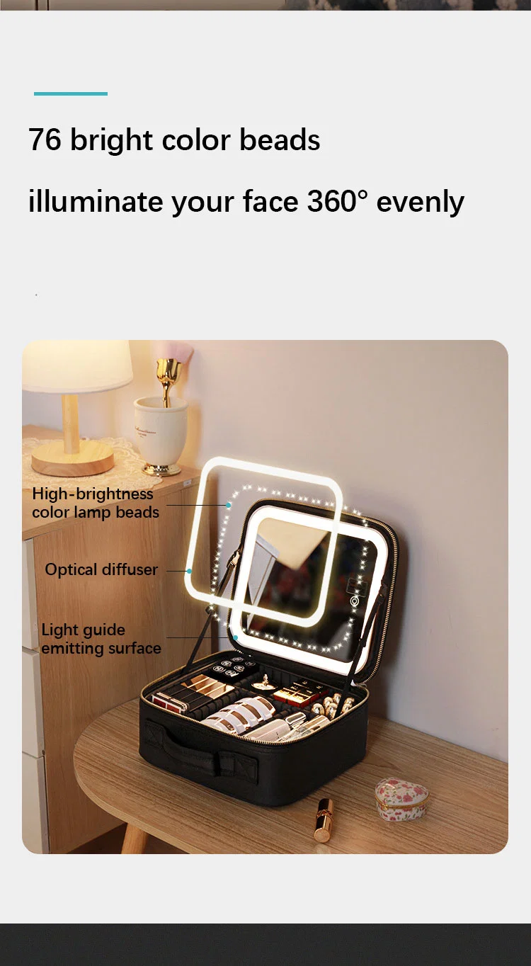 High Quality PU Make up Organizer with LED Light Mirror Waterproof Cosmetic Case Travel Bags Hand Makeup Suitcase