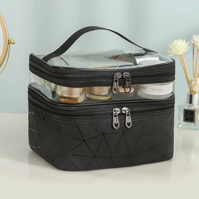 Custom PU Transparent Makeup Bag Zipper Storage Bag Large Double Layer Cosmetic Multi-Functional Toiletry Waterproof Bag