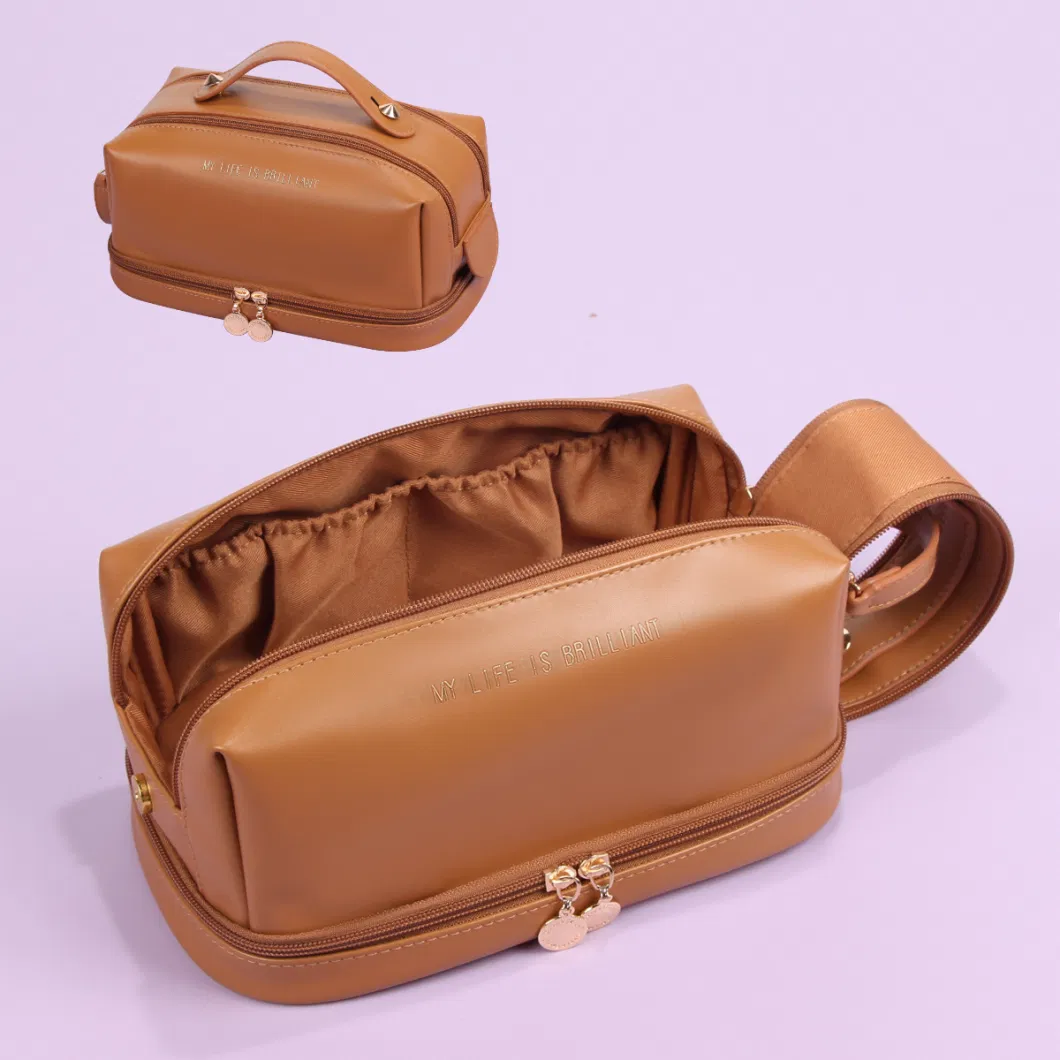 (WD12998) Hot Double Zipper Leather Pillow Toiletry Bag New Portable Organ Bag Makeup Bag Toiletry Bag