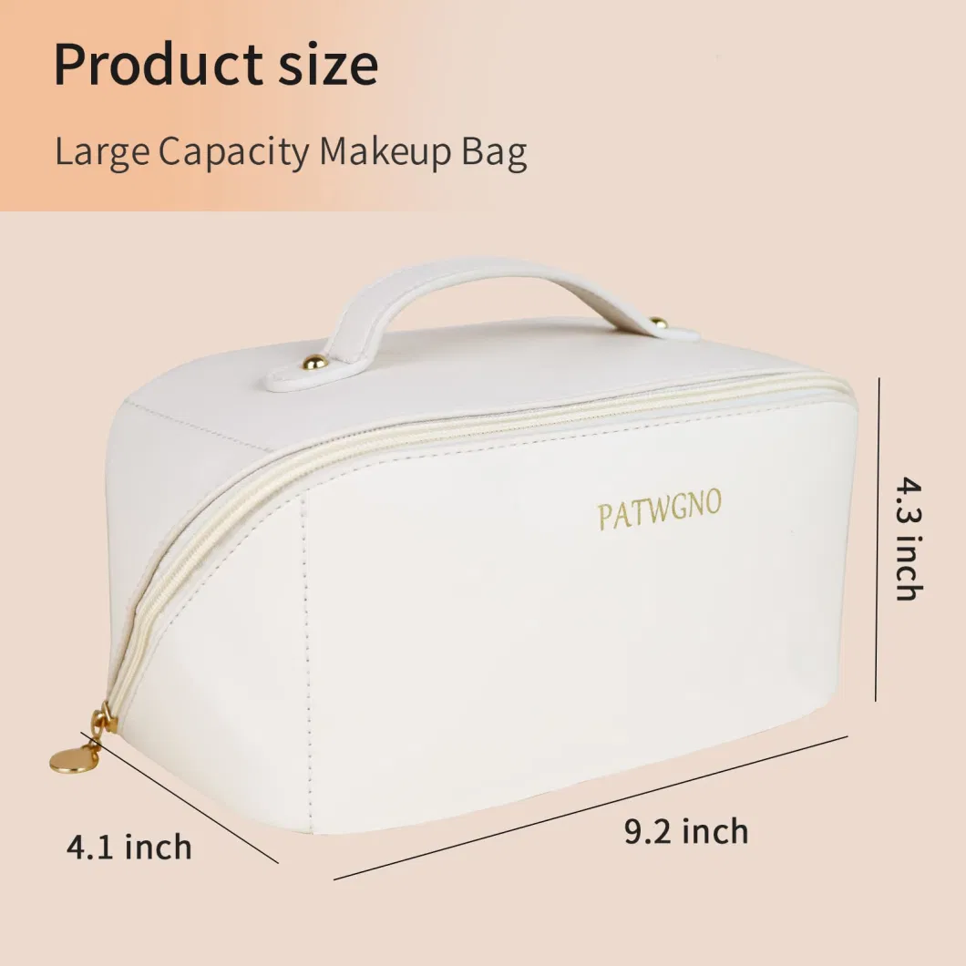 Large Capacity Travel Cosmetic Bag, Portable Makeup Bag Opens Flat for Waterproof PU Leather Multifunctional Storage Makeup Bag for Woman