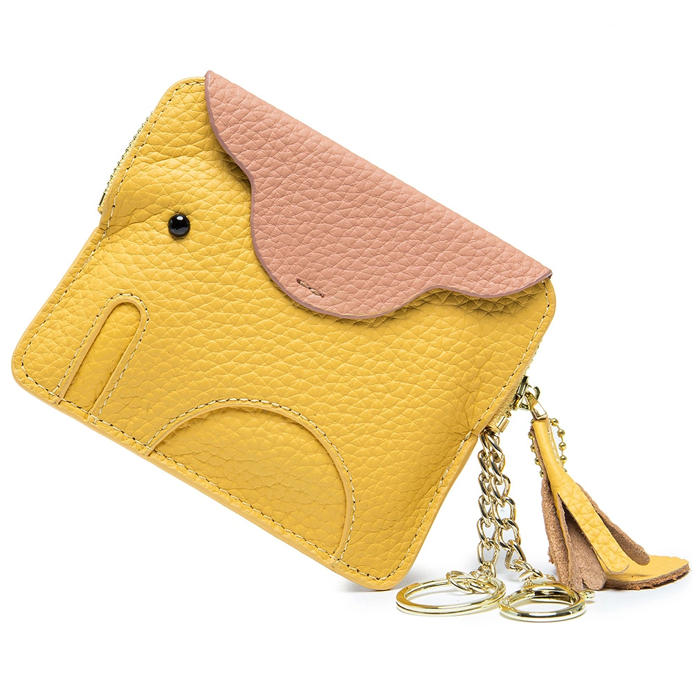 Mini Wallet Cartoon Elephant Card Holder Genuine Leather Coin Pocket Women Purse Bag with Key Ring Organizer