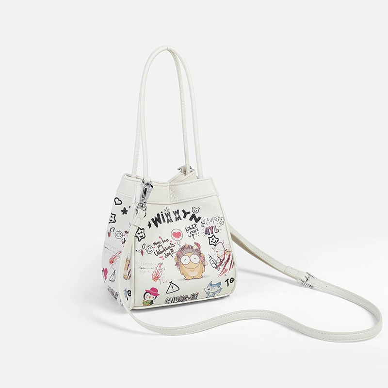 (V05) Top Quality PU Leather Bucket Bags with Graffiti-Art Printed