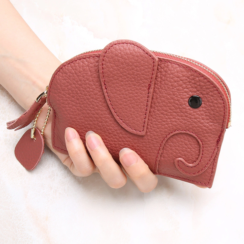 Mini Wallet Cartoon Elephant Card Holder Genuine Leather Coin Pocket Women Purse Bag with Key Ring Organizer