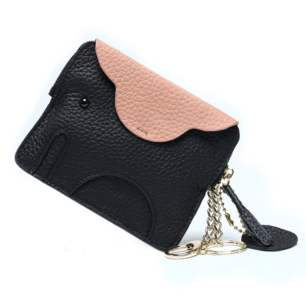 Mini Wallet Cartoon Elephant Card Holder Genuine Leather Coin Pocket Women Purse Bag with Key Ring Organizer