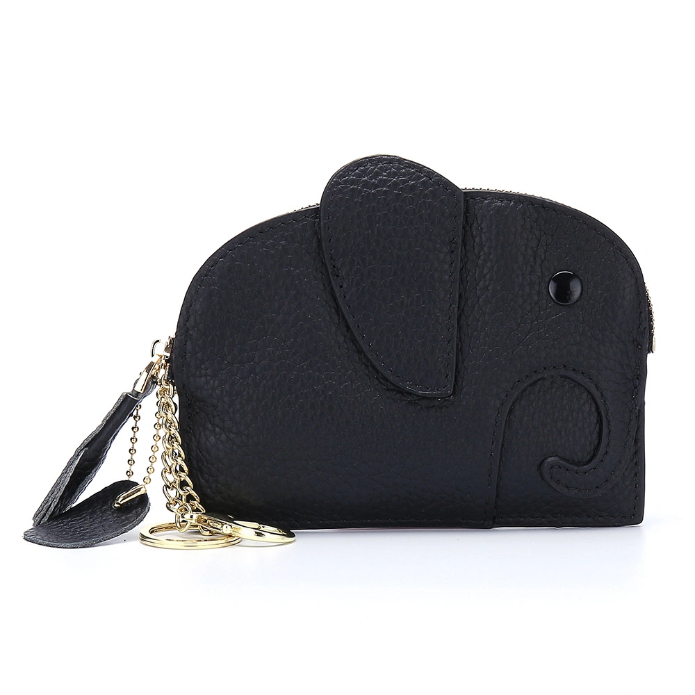 Mini Wallet Cartoon Elephant Card Holder Genuine Leather Coin Pocket Women Purse Bag with Key Ring Organizer