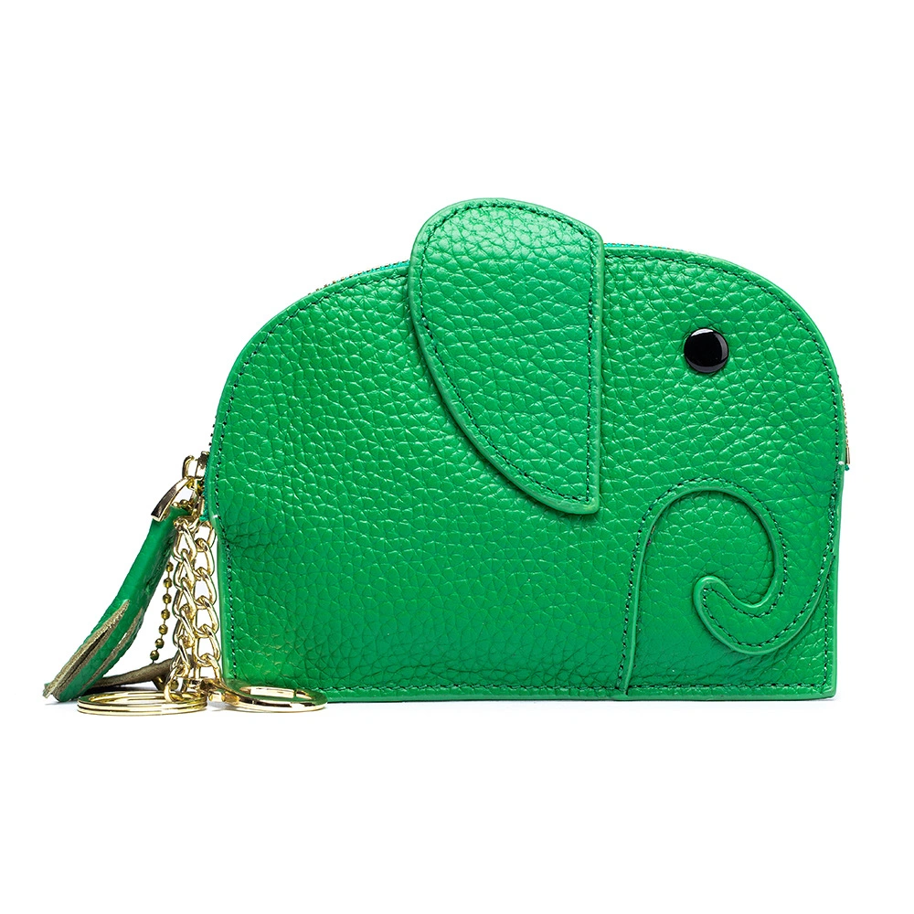 Mini Wallet Cartoon Elephant Card Holder Genuine Leather Coin Pocket Women Purse Bag with Key Ring Organizer