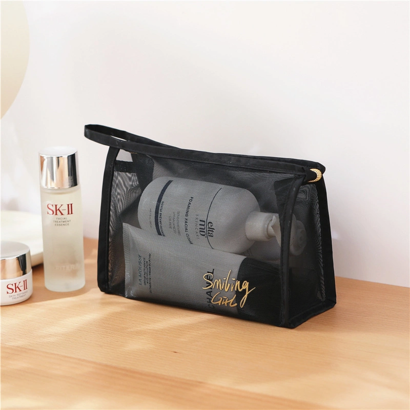 Wholesale Mesh Cosmetic Bag Custom Zipper Toiletry Kits Bulk Storage Pouch Black Mesh Makeup Bag