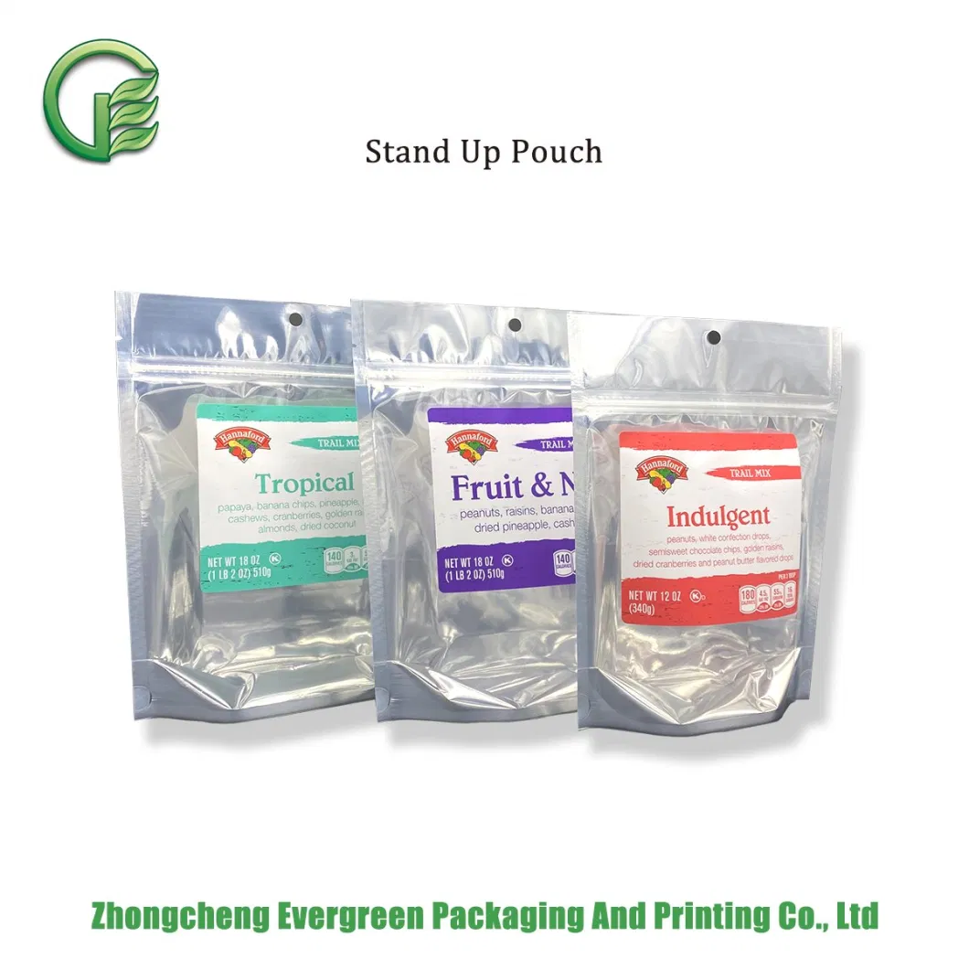 Zip Lock Stand up Pouch Label One Side Clear Aluminium Foil Resealable Closure Dried Fruits Nuts Vegetable Snack Doypack Food Packaging Bag