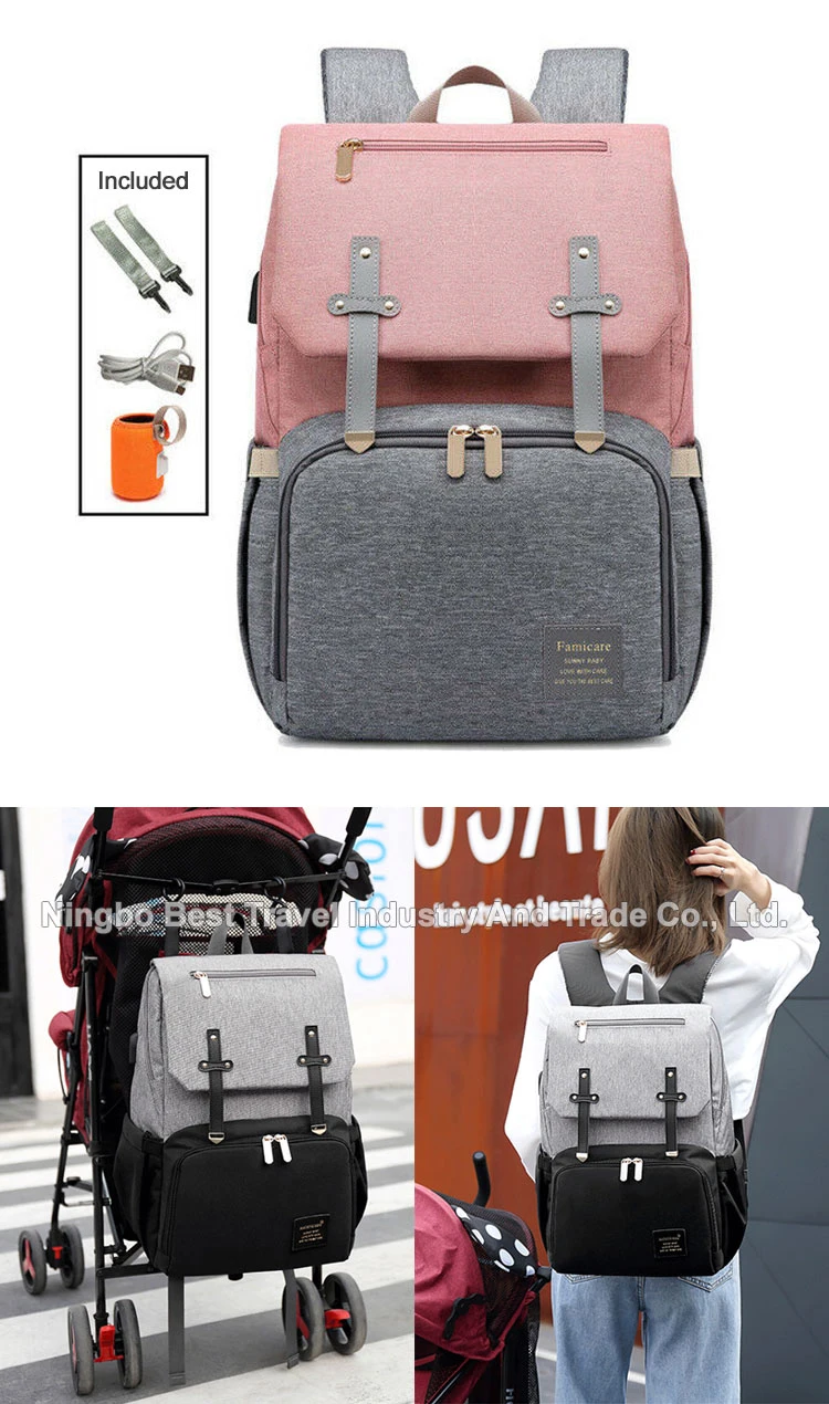 Fashion Mommy Backpack Handbag Waterproof Nappy Bag Hospital Baby Nursing Stroller Diaper Bag with USB Milk Bottle Warmer