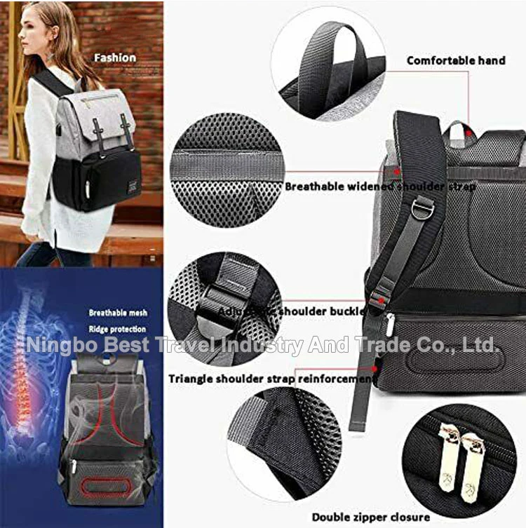 Fashion Mommy Backpack Handbag Waterproof Nappy Bag Hospital Baby Nursing Stroller Diaper Bag with USB Milk Bottle Warmer